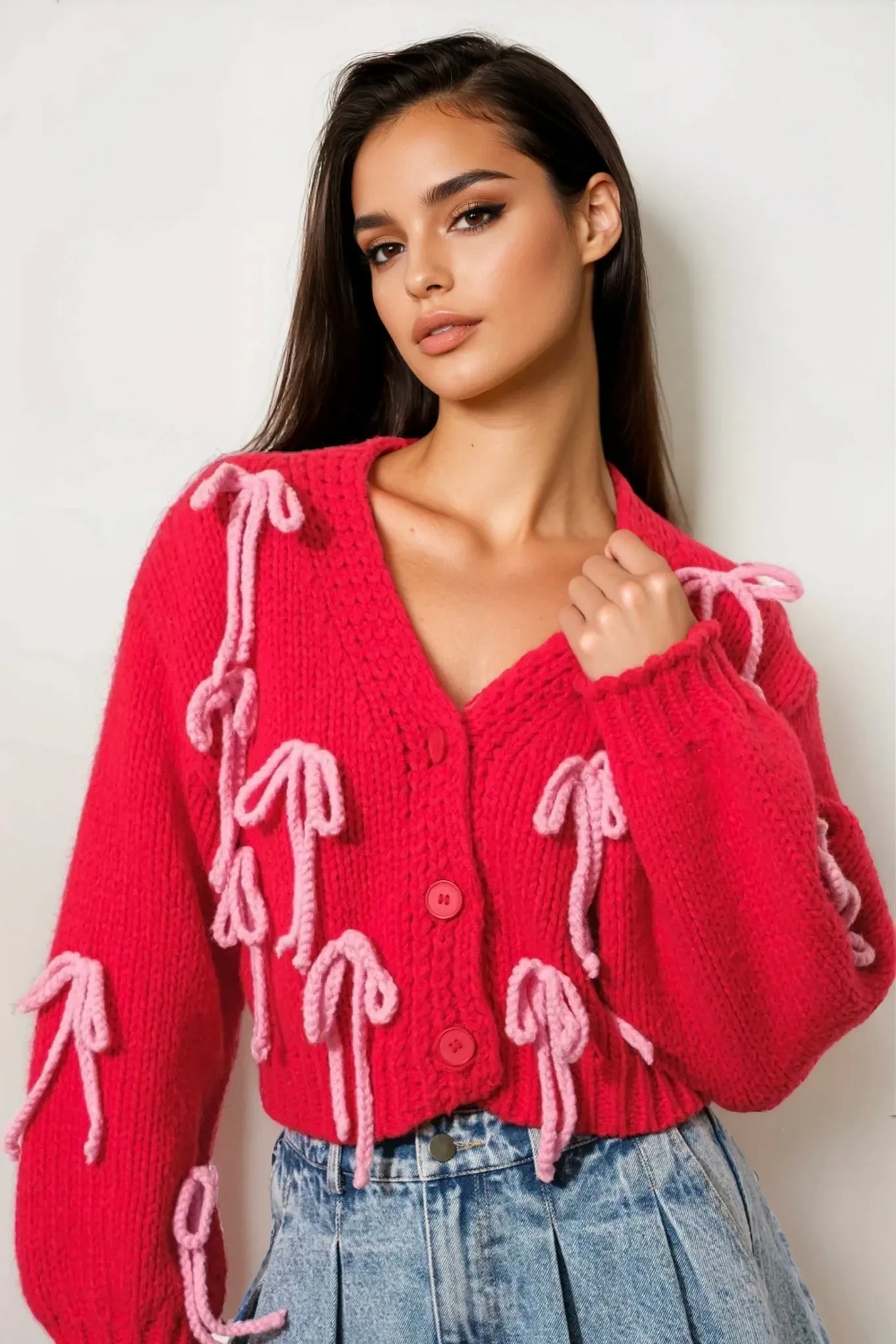 Bow Cardigan in Red