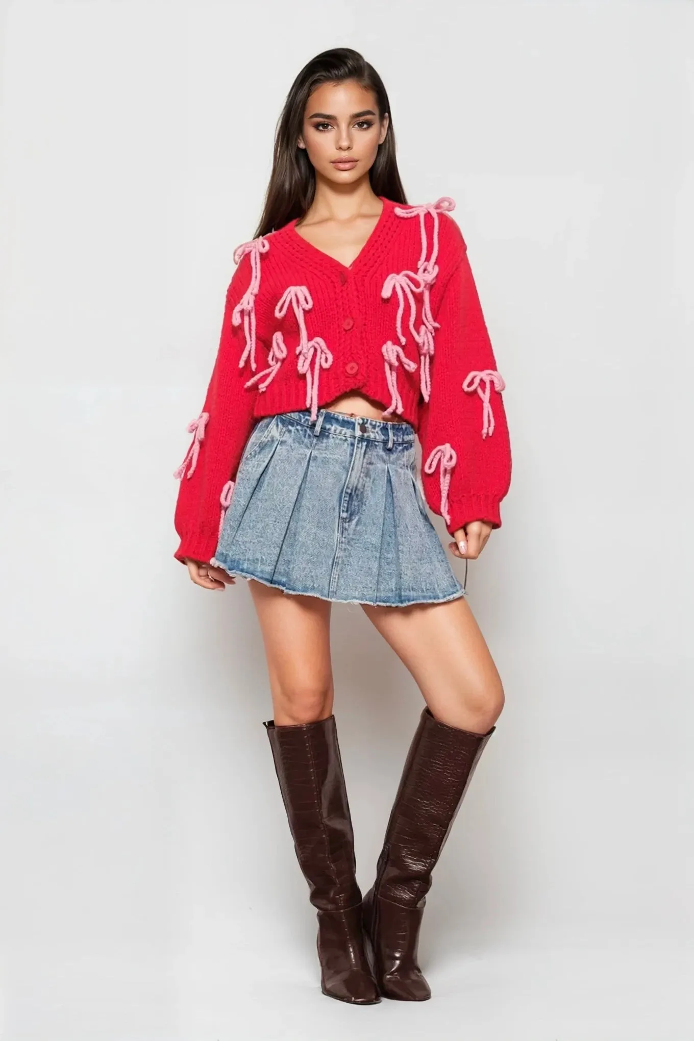 Bow Cardigan in Red