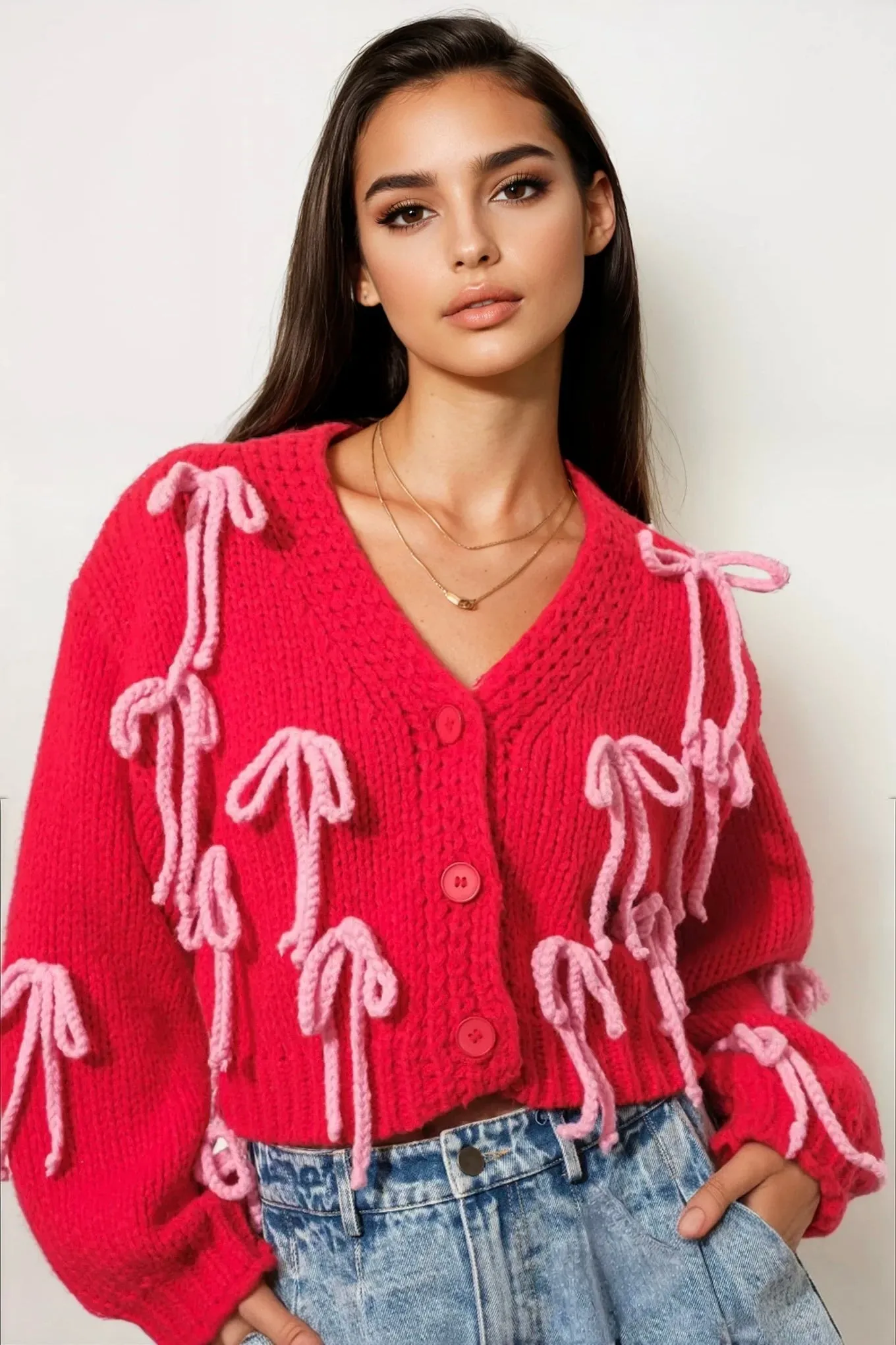 Bow Cardigan in Red