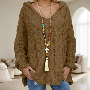 Cable Knit Pullover Sweater Oversized V Neck Long Sleeve Hooded Sweater Causal Chunky Hoodie Jumper Top for Women