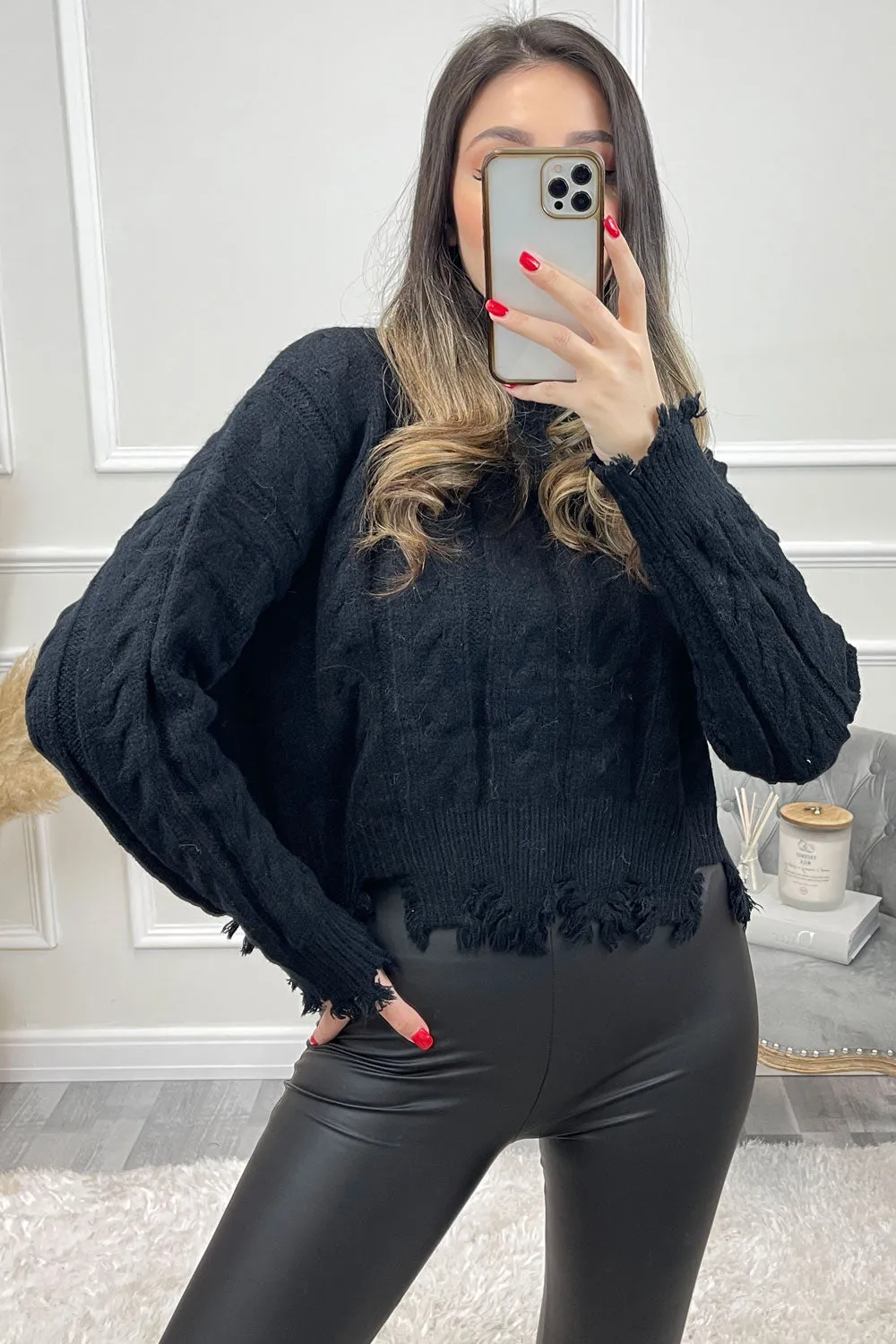 Clem Black High Neck Distressed Hem Cable Knit Jumper