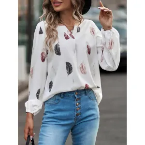 Fashion 5XL Plus Large Size Women's Blouses Summer Tops New Leisure Blouse Loose Feather Print V Neck long Sleeve Shirts
