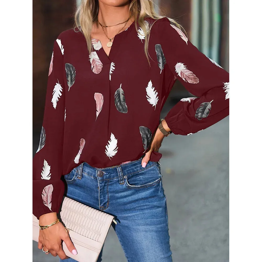 Fashion 5XL Plus Large Size Women's Blouses Summer Tops New Leisure Blouse Loose Feather Print V Neck long Sleeve Shirts