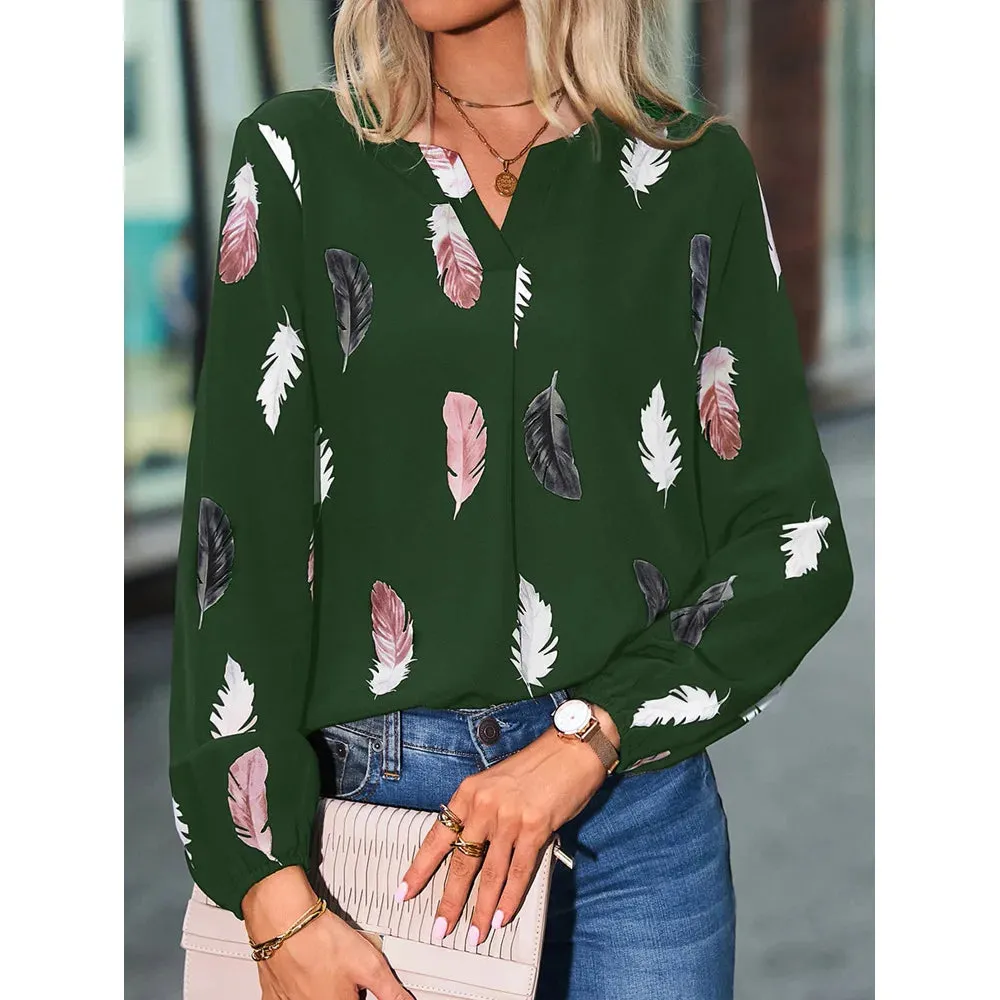 Fashion 5XL Plus Large Size Women's Blouses Summer Tops New Leisure Blouse Loose Feather Print V Neck long Sleeve Shirts