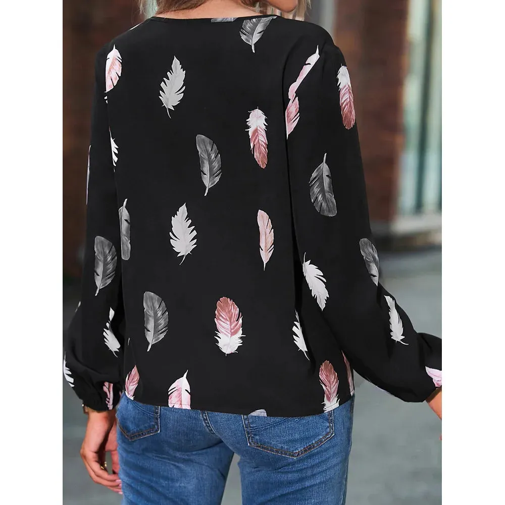 Fashion 5XL Plus Large Size Women's Blouses Summer Tops New Leisure Blouse Loose Feather Print V Neck long Sleeve Shirts