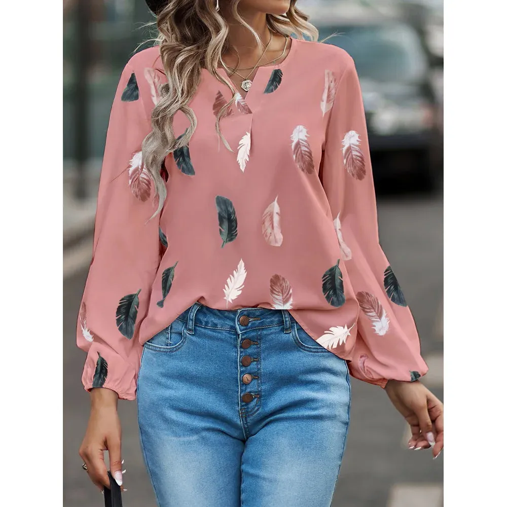 Fashion 5XL Plus Large Size Women's Blouses Summer Tops New Leisure Blouse Loose Feather Print V Neck long Sleeve Shirts