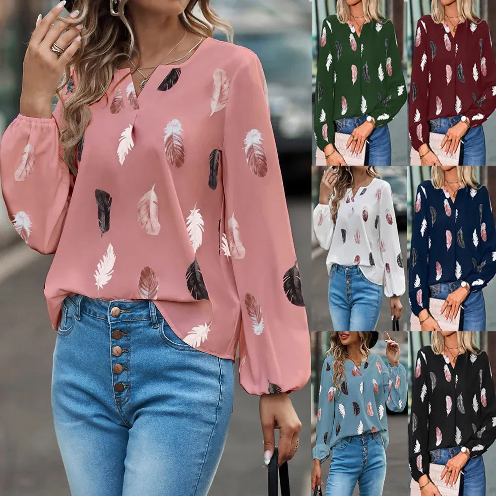 Fashion 5XL Plus Large Size Women's Blouses Summer Tops New Leisure Blouse Loose Feather Print V Neck long Sleeve Shirts