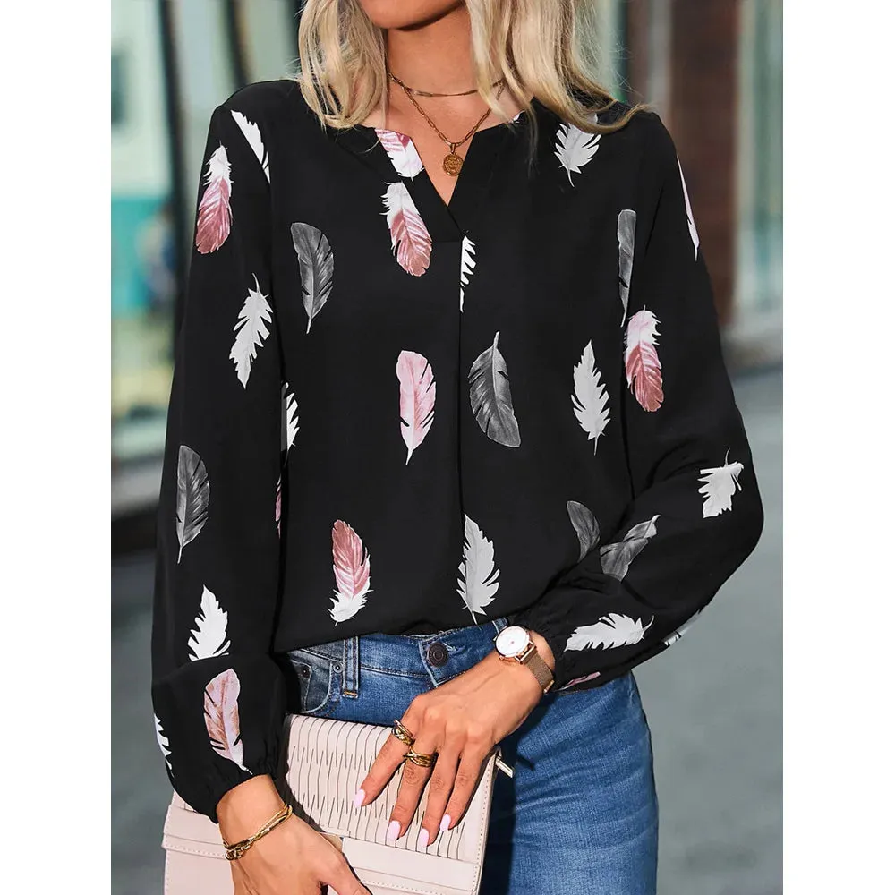 Fashion 5XL Plus Large Size Women's Blouses Summer Tops New Leisure Blouse Loose Feather Print V Neck long Sleeve Shirts