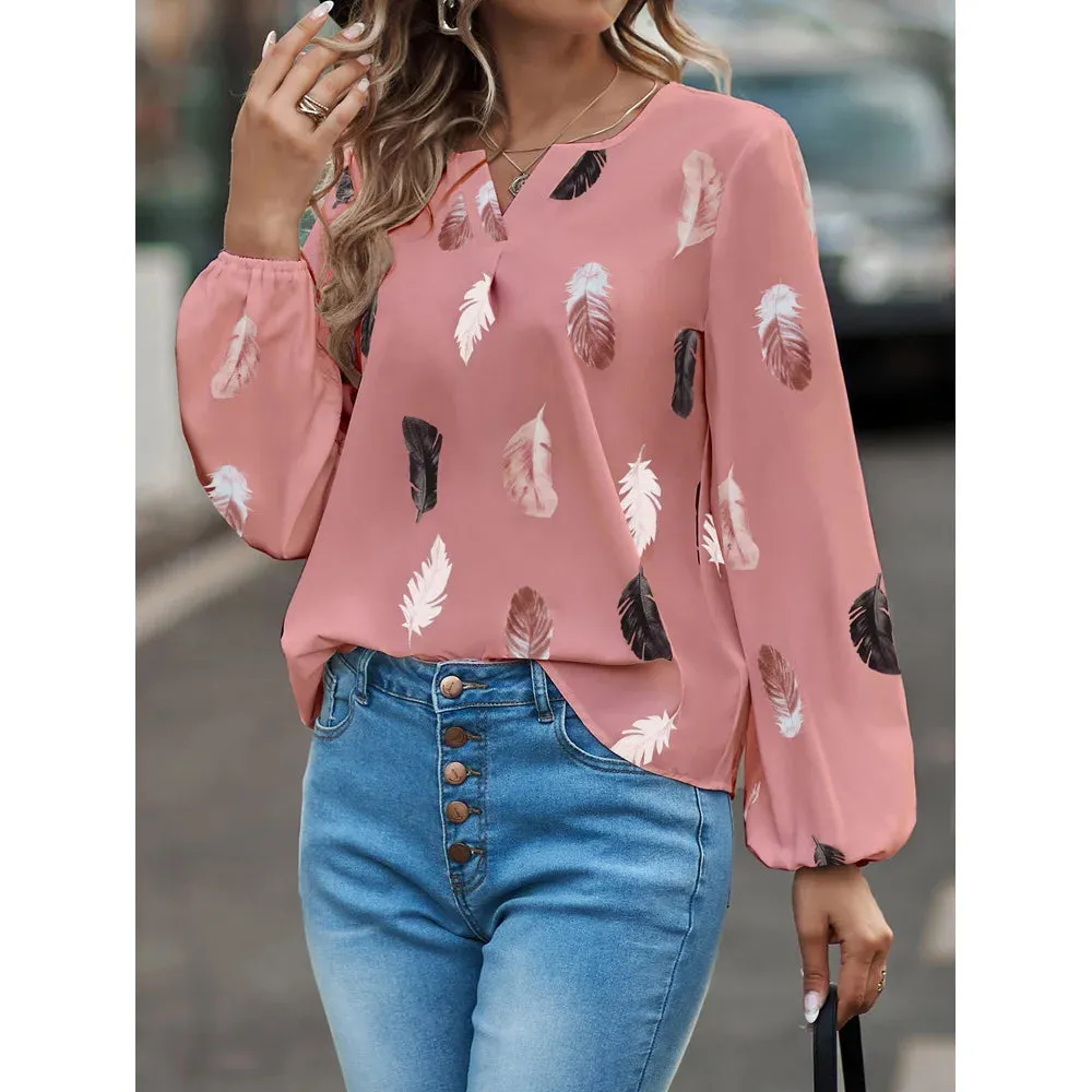 Fashion 5XL Plus Large Size Women's Blouses Summer Tops New Leisure Blouse Loose Feather Print V Neck long Sleeve Shirts