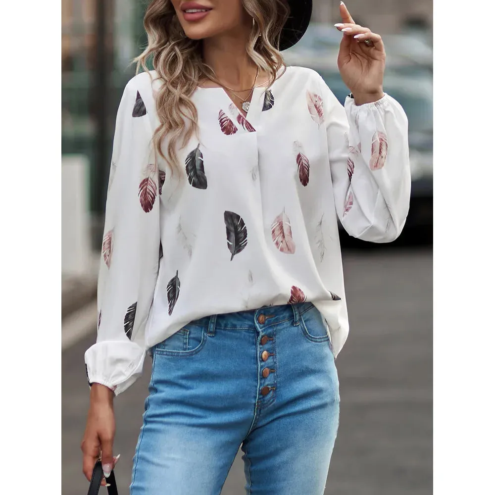 Fashion 5XL Plus Large Size Women's Blouses Summer Tops New Leisure Blouse Loose Feather Print V Neck long Sleeve Shirts