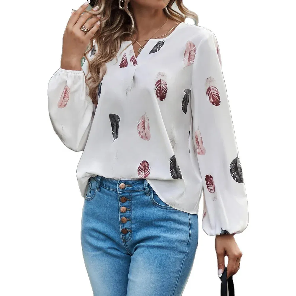 Fashion 5XL Plus Large Size Women's Blouses Summer Tops New Leisure Blouse Loose Feather Print V Neck long Sleeve Shirts