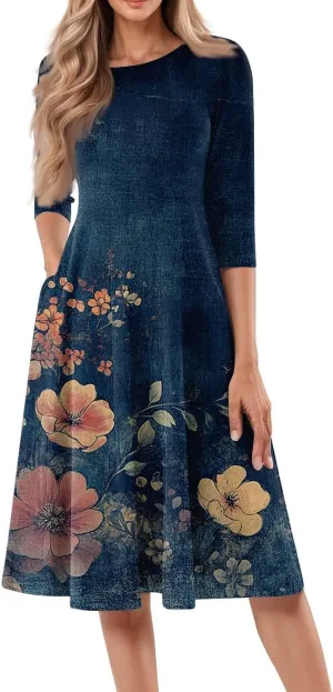 Floral Print Summer Dress for Women Plus Size Vintage 3/4 Sleeve Crewneck Flowy Pleated Midi Dresses Casual Sundress