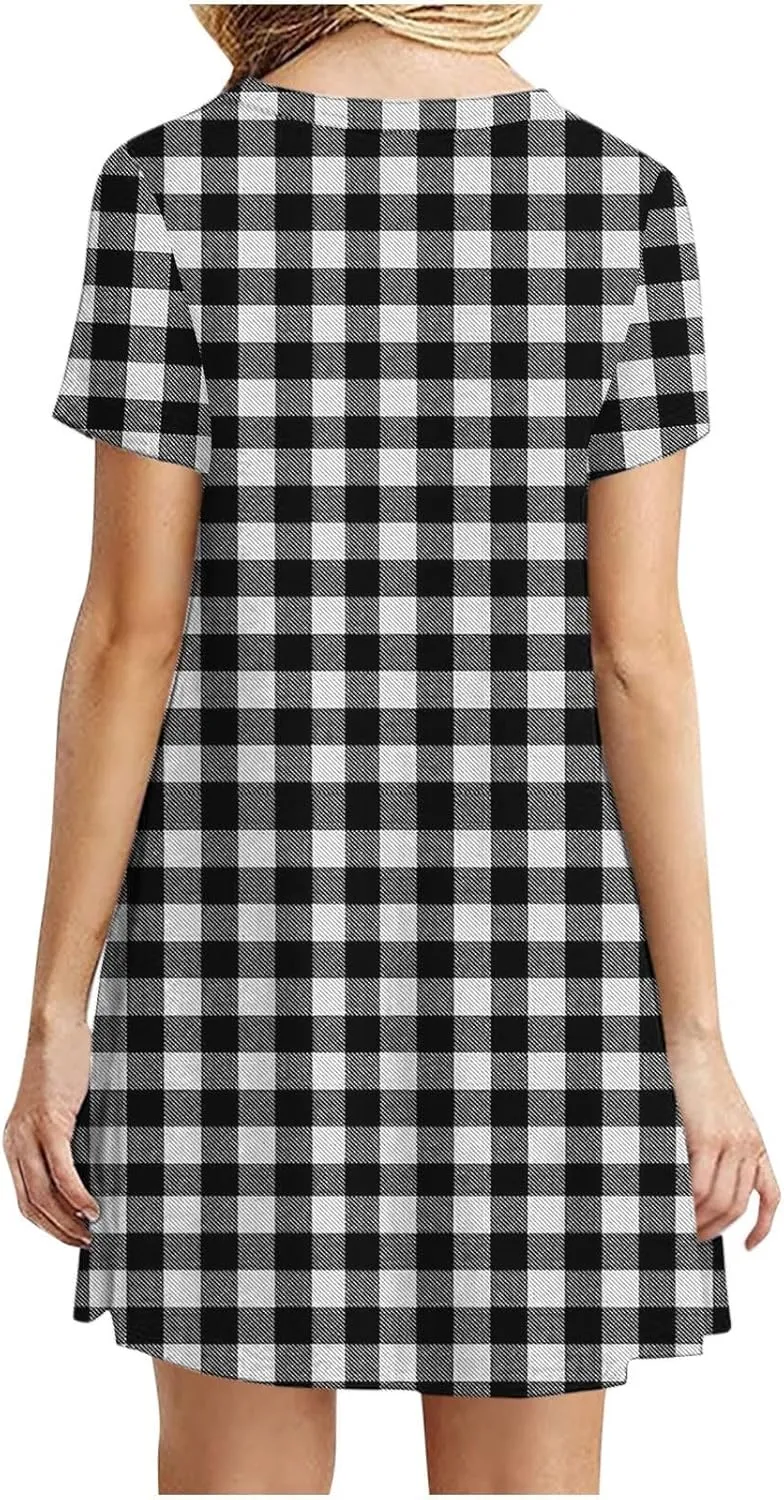 Going Out Dresses for Women 2025 Summer Short Sleeve Crew Neck Mini Dress Vintage Gingham Print Casual Beach Dress