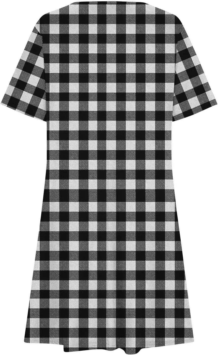 Going Out Dresses for Women 2025 Summer Short Sleeve Crew Neck Mini Dress Vintage Gingham Print Casual Beach Dress