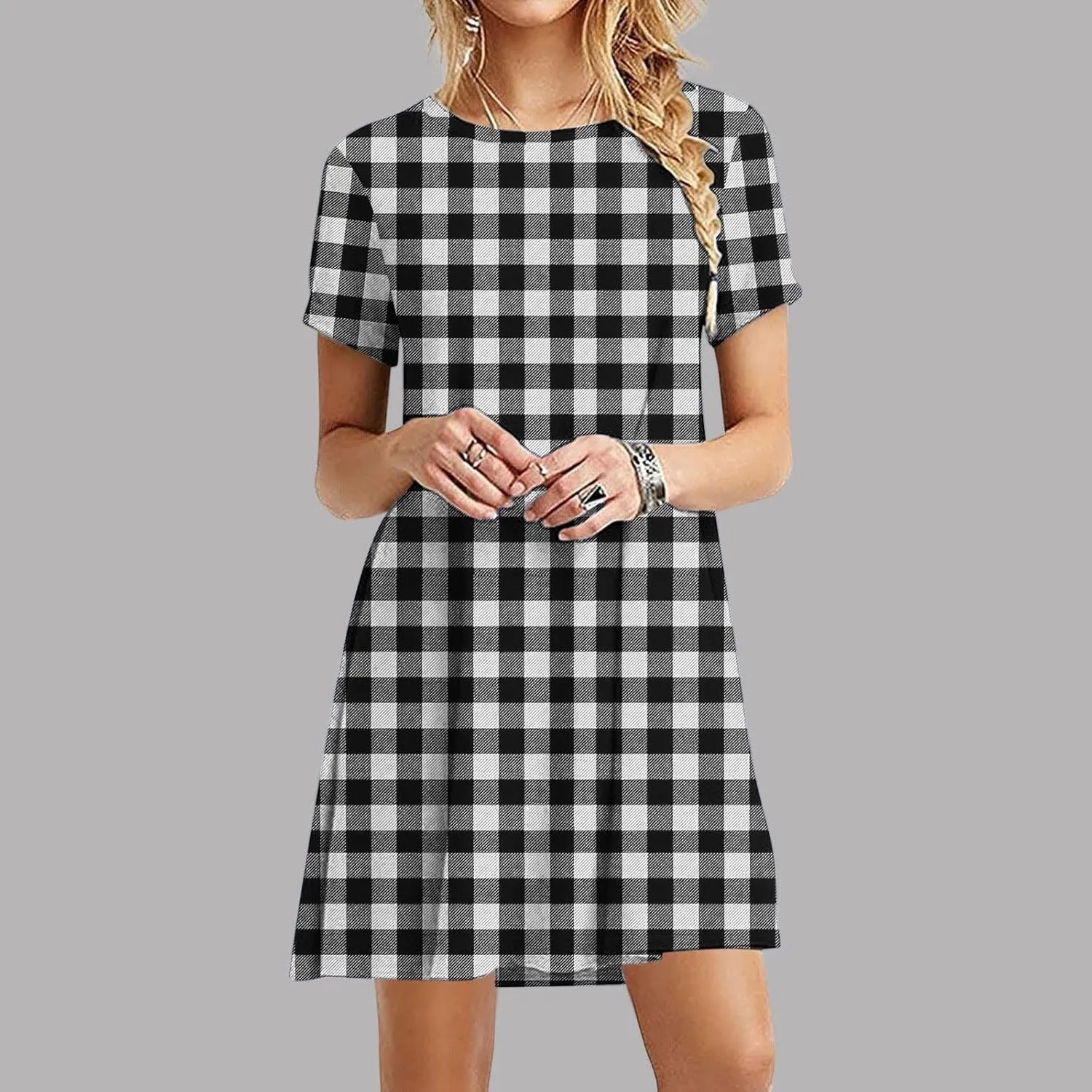 Going Out Dresses for Women 2025 Summer Short Sleeve Crew Neck Mini Dress Vintage Gingham Print Casual Beach Dress