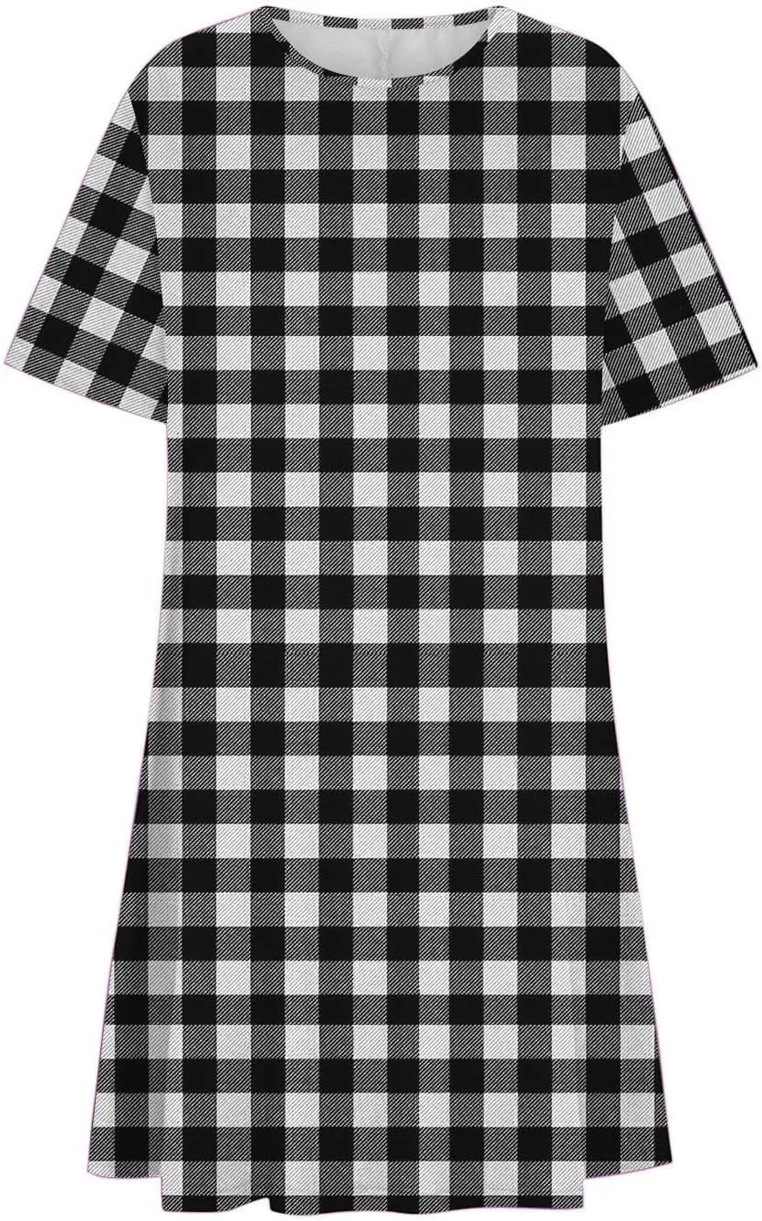 Going Out Dresses for Women 2025 Summer Short Sleeve Crew Neck Mini Dress Vintage Gingham Print Casual Beach Dress