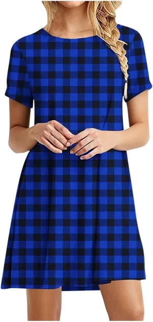 Going Out Dresses for Women 2025 Summer Short Sleeve Crew Neck Mini Dress Vintage Gingham Print Casual Beach Dress