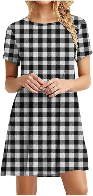Going Out Dresses for Women 2025 Summer Short Sleeve Crew Neck Mini Dress Vintage Gingham Print Casual Beach Dress