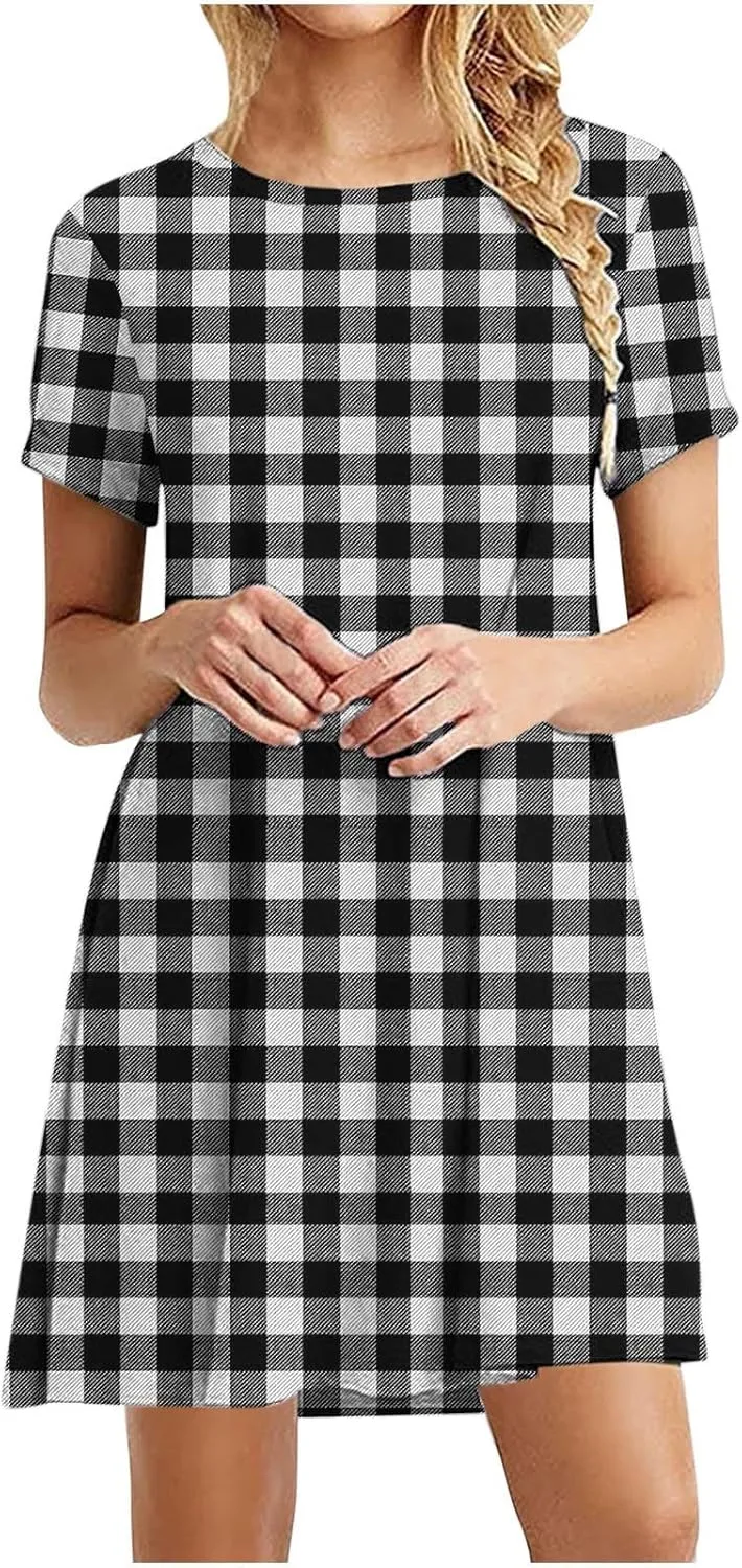 Going Out Dresses for Women 2025 Summer Short Sleeve Crew Neck Mini Dress Vintage Gingham Print Casual Beach Dress