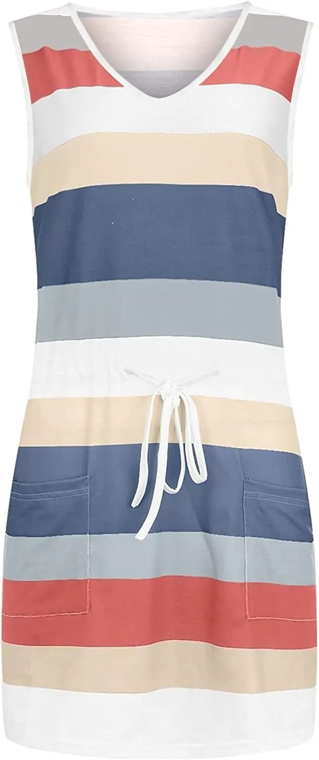 hlysgo Women Summer Petite Dresses 2025 Trendy Stripes Print Drawstring Waist Sleeveless Mini Dress Casual V Neck Sundress