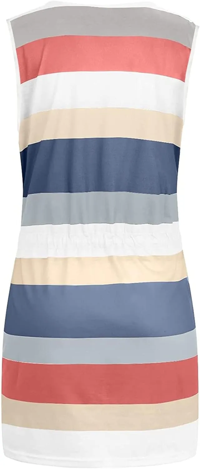 hlysgo Women Summer Petite Dresses 2025 Trendy Stripes Print Drawstring Waist Sleeveless Mini Dress Casual V Neck Sundress