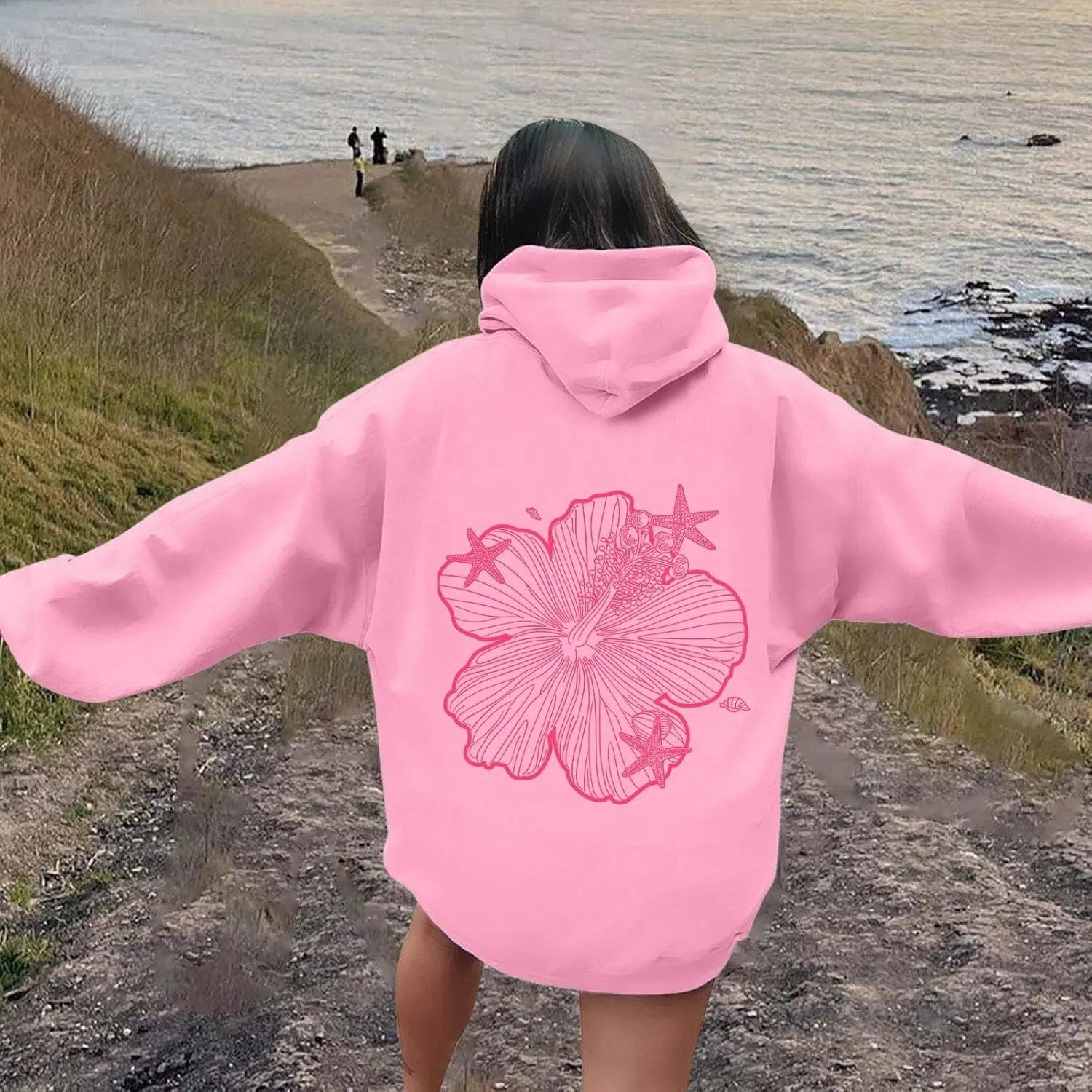 Hoodies For Women Oversized Graphic Print Floral Sweatshirt Preppy Trendy Long Sleeved Pullover Top With Pockets