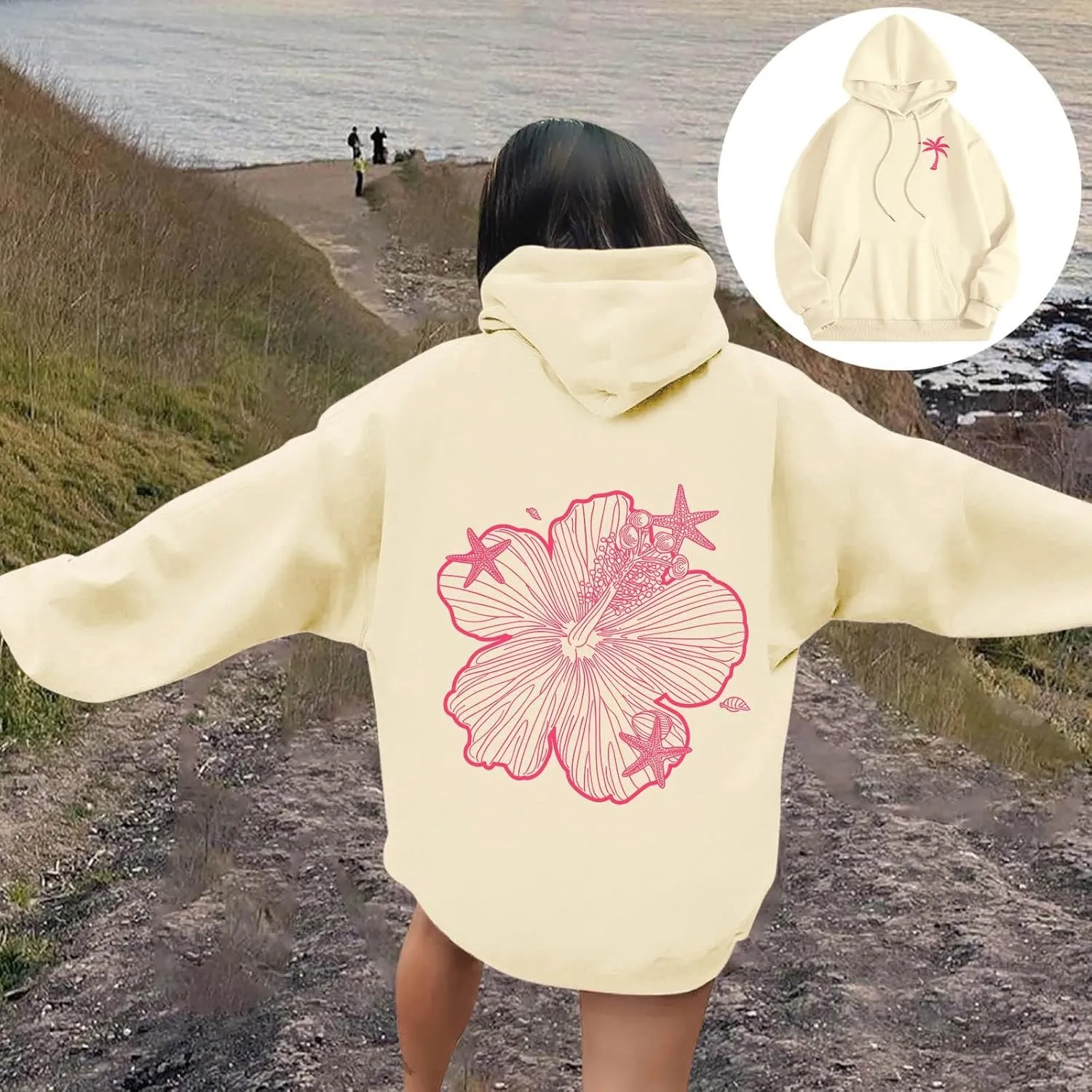 Hoodies For Women Oversized Graphic Print Floral Sweatshirt Preppy Trendy Long Sleeved Pullover Top With Pockets