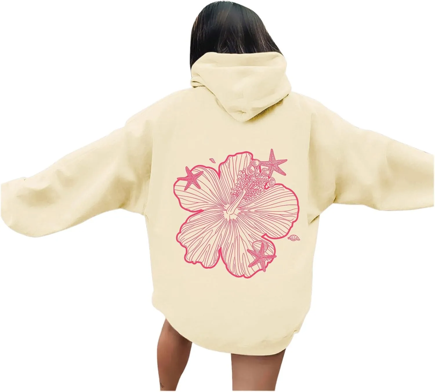 Hoodies For Women Oversized Graphic Print Floral Sweatshirt Preppy Trendy Long Sleeved Pullover Top With Pockets