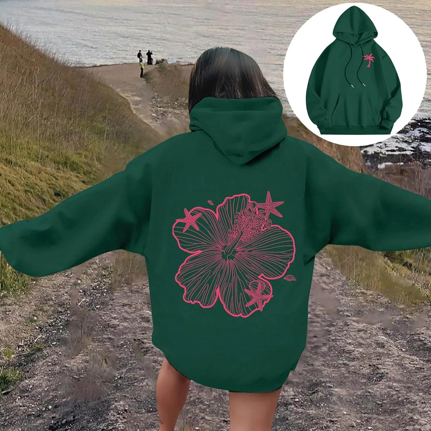 Hoodies For Women Oversized Graphic Print Floral Sweatshirt Preppy Trendy Long Sleeved Pullover Top With Pockets