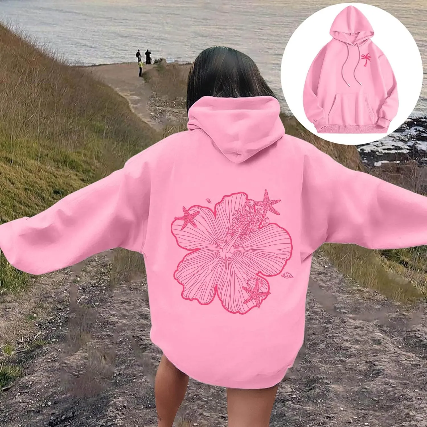 Hoodies For Women Oversized Graphic Print Floral Sweatshirt Preppy Trendy Long Sleeved Pullover Top With Pockets