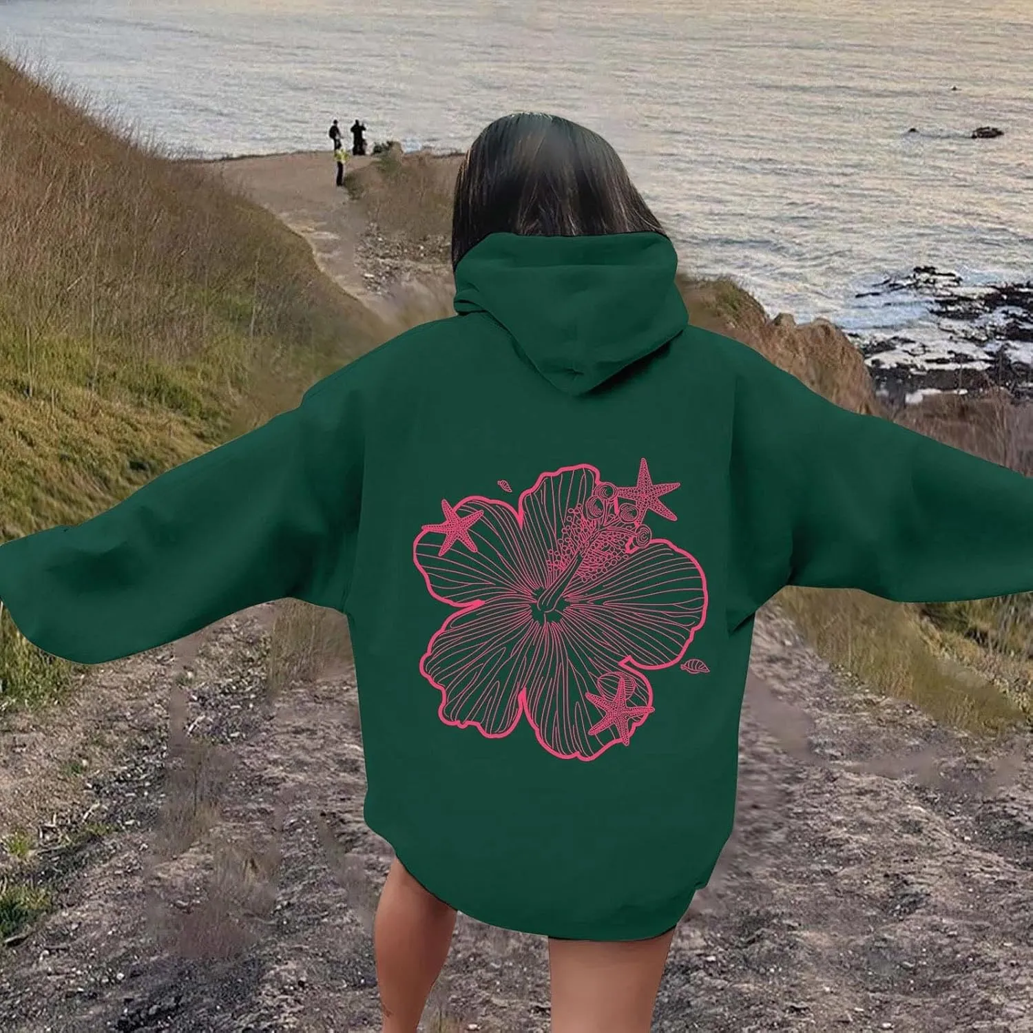 Hoodies For Women Oversized Graphic Print Floral Sweatshirt Preppy Trendy Long Sleeved Pullover Top With Pockets