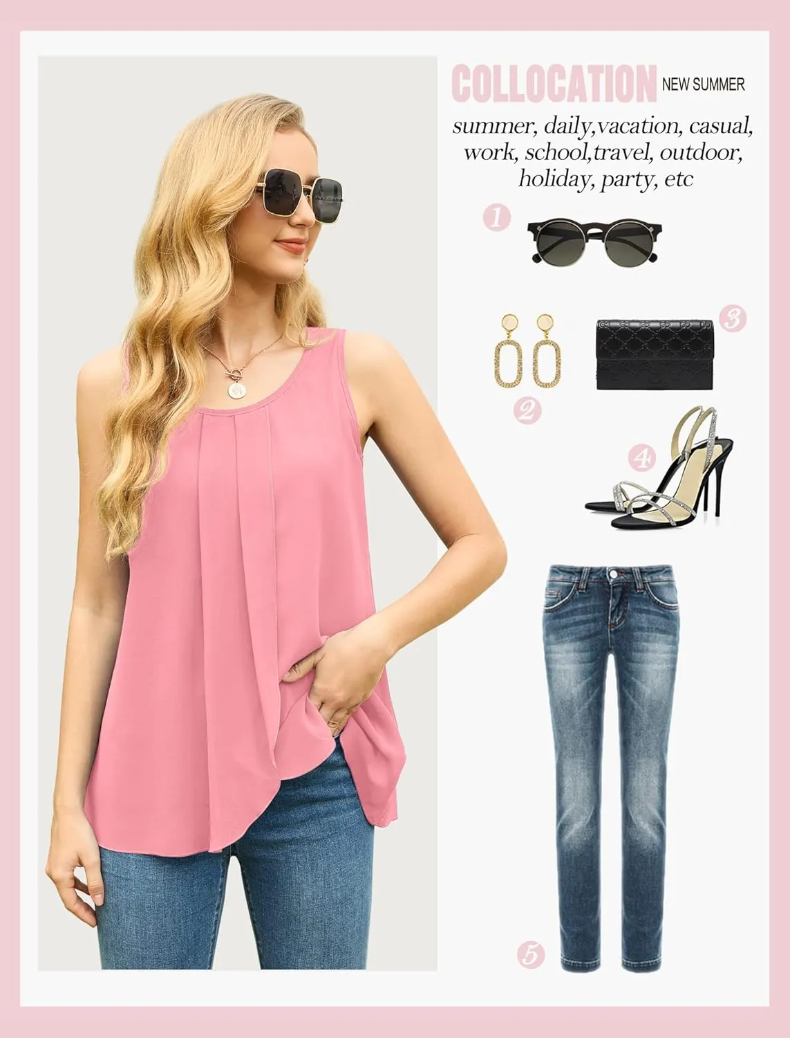 IWOLLENCE Womens Summer Tank Tops Sleeveless Chiffon Double Layers Blouse Loose Round Neck Casual Shirts