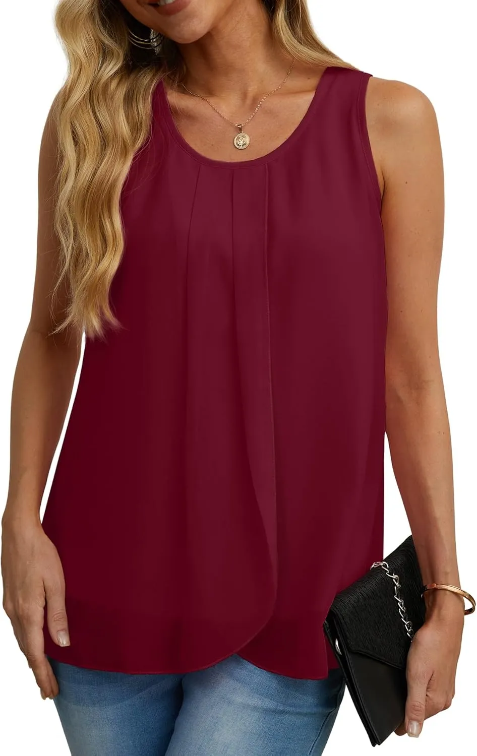 IWOLLENCE Womens Summer Tank Tops Sleeveless Chiffon Double Layers Blouse Loose Round Neck Casual Shirts