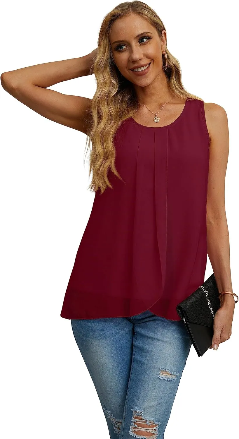 IWOLLENCE Womens Summer Tank Tops Sleeveless Chiffon Double Layers Blouse Loose Round Neck Casual Shirts