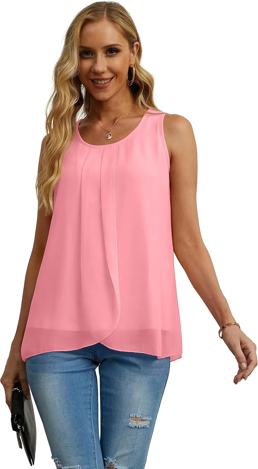 IWOLLENCE Womens Summer Tank Tops Sleeveless Chiffon Double Layers Blouse Loose Round Neck Casual Shirts