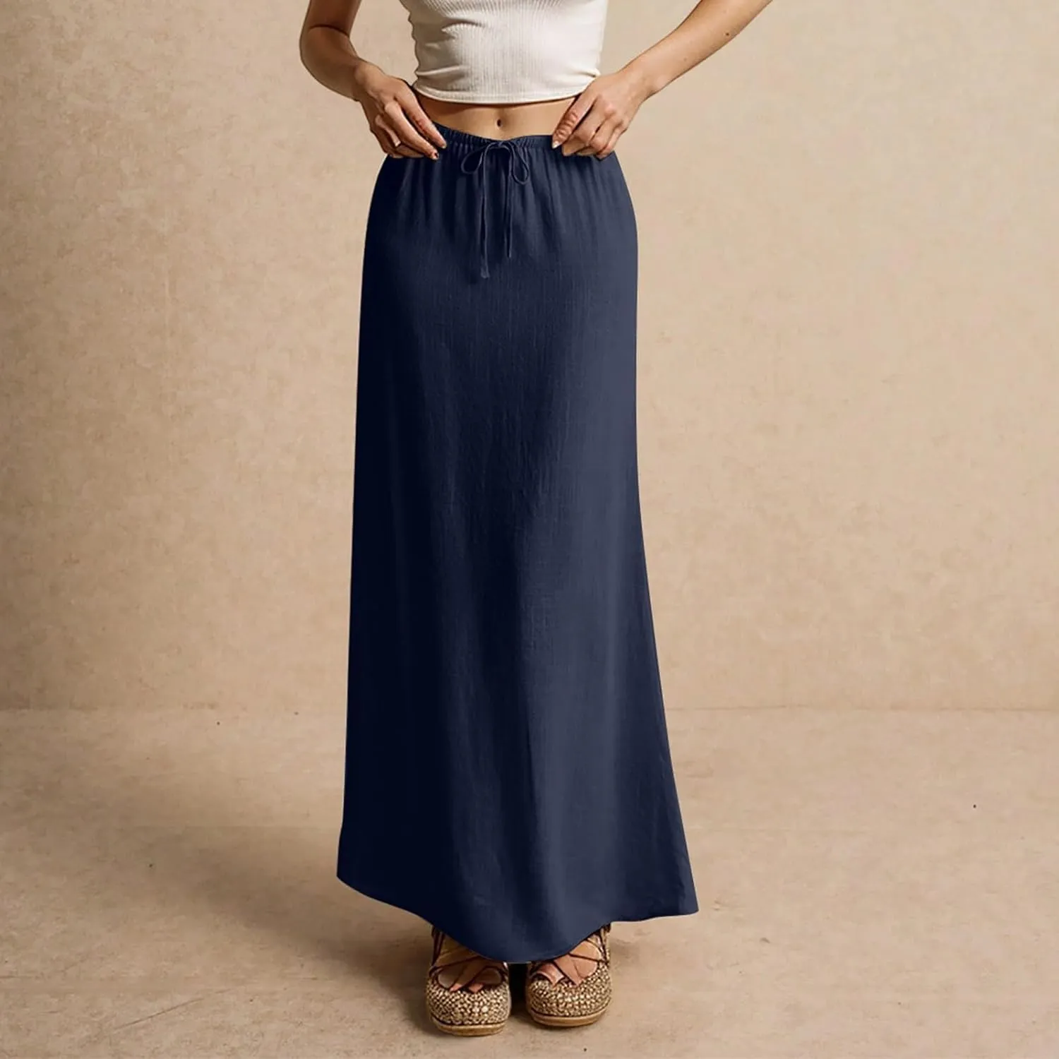 Linen Maxi Skirts for Women Summer Beach Comfy Drawstring Waist A Line Skirts Vacation Boho Long Flowy Skirt