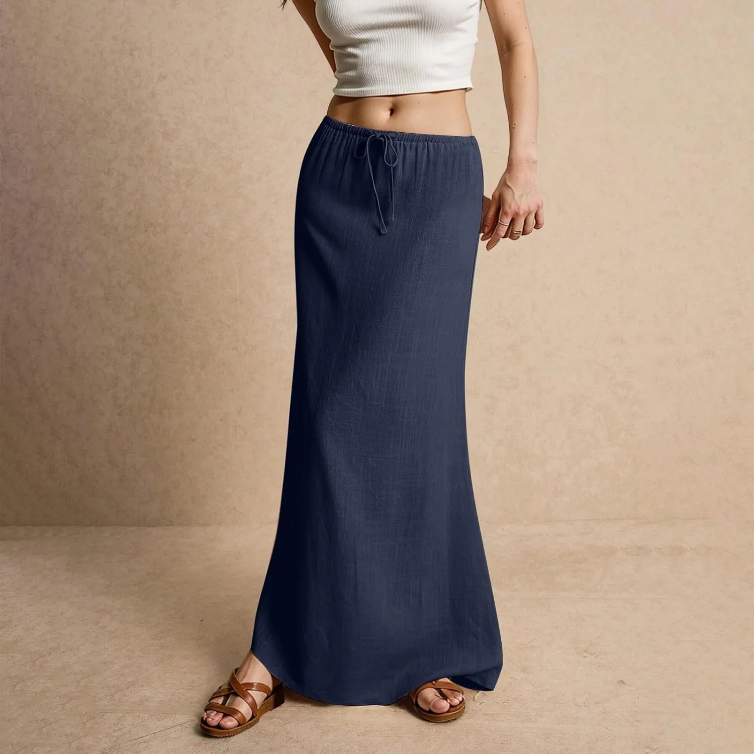 Linen Maxi Skirts for Women Summer Beach Comfy Drawstring Waist A Line Skirts Vacation Boho Long Flowy Skirt