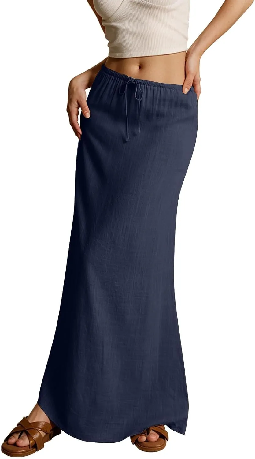 Linen Maxi Skirts for Women Summer Beach Comfy Drawstring Waist A Line Skirts Vacation Boho Long Flowy Skirt