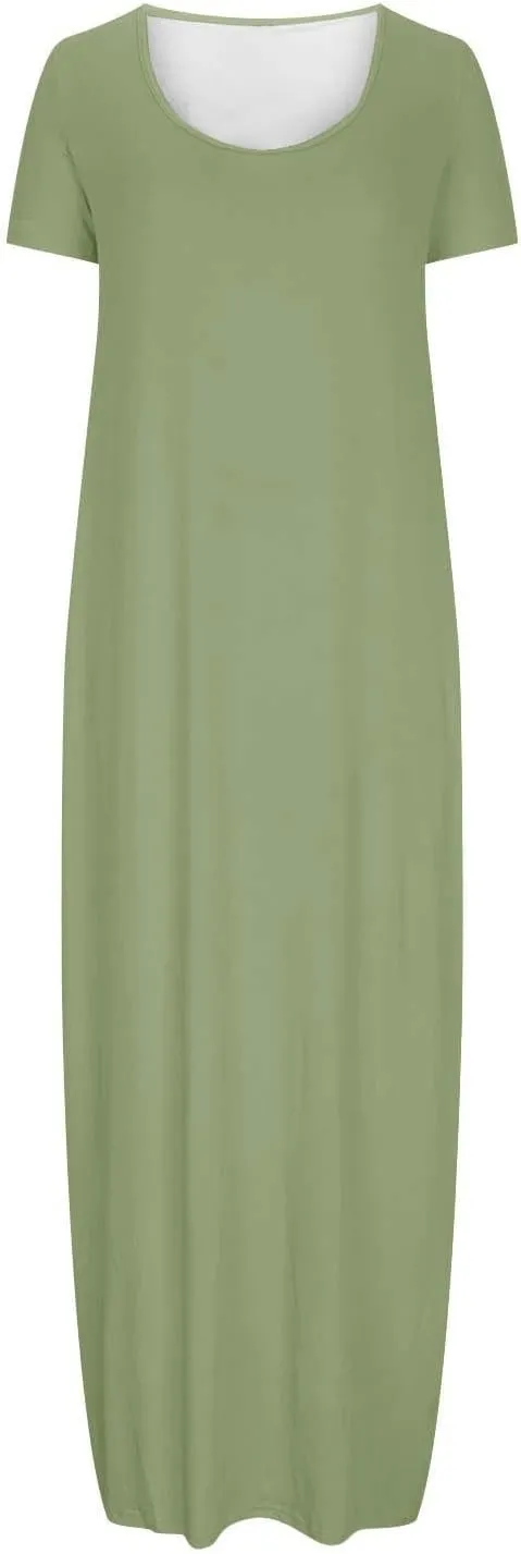Long Dresses for Women Summer 2025 Round Neck Casual Loose Beach Dress with Pockets Plus Size Solid Color Maxi Dress