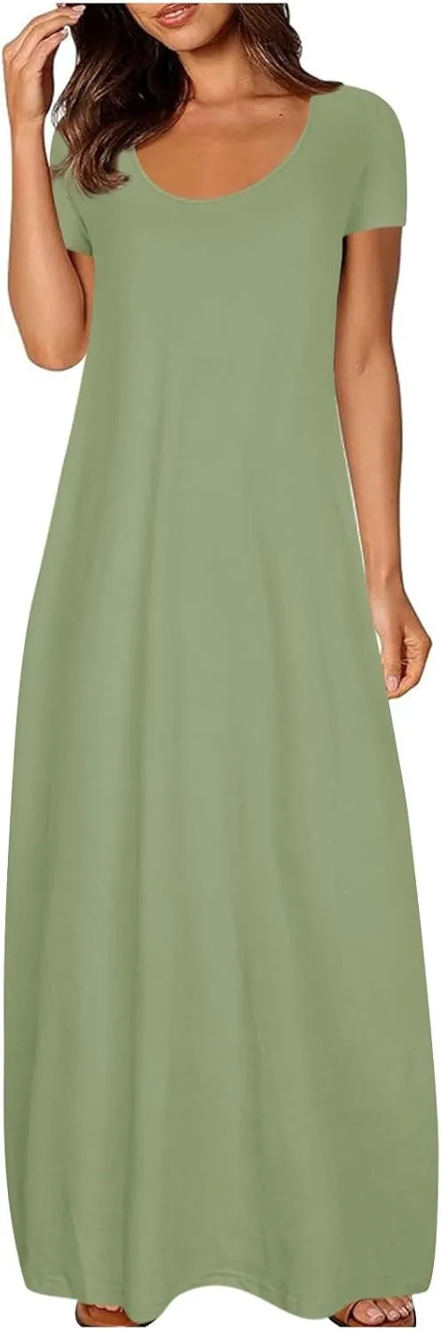 Long Dresses for Women Summer 2025 Round Neck Casual Loose Beach Dress with Pockets Plus Size Solid Color Maxi Dress