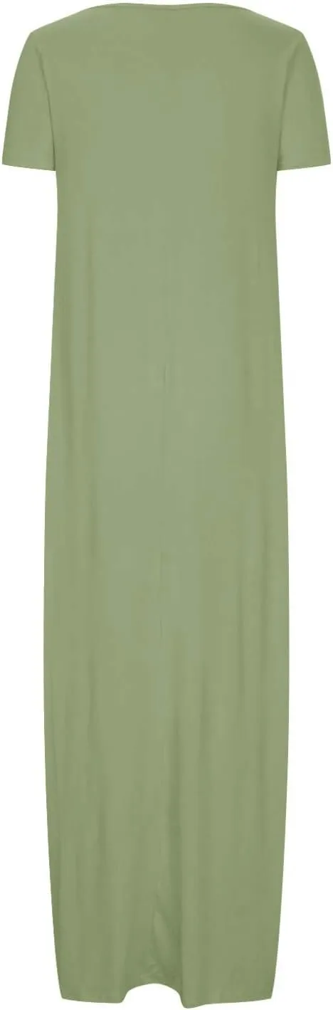 Long Dresses for Women Summer 2025 Round Neck Casual Loose Beach Dress with Pockets Plus Size Solid Color Maxi Dress