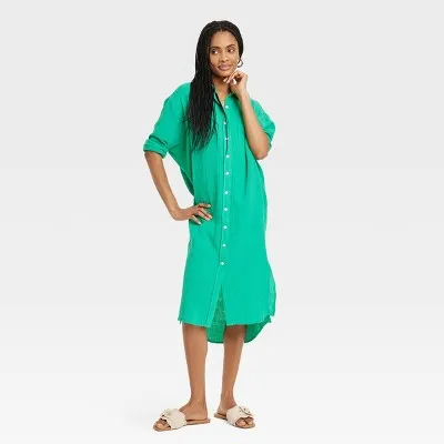 New - Women's 3/4 Sleeve Midi Shirtdress - Universal Thread Green XS