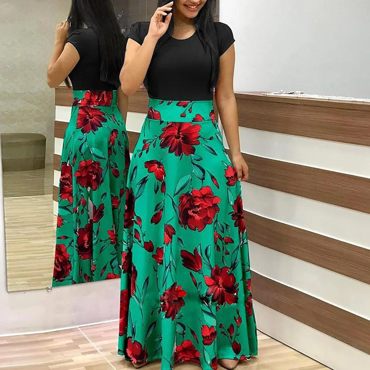 Plus Size Dresses for Curvy Women Short/Long Sleeve Floral Maxi Dress 2024 Fall Casual Crewneck High Waist Long Dress