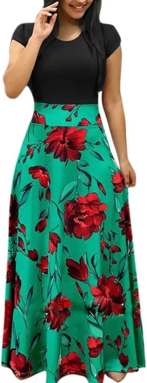 Plus Size Dresses for Curvy Women Short/Long Sleeve Floral Maxi Dress 2024 Fall Casual Crewneck High Waist Long Dress