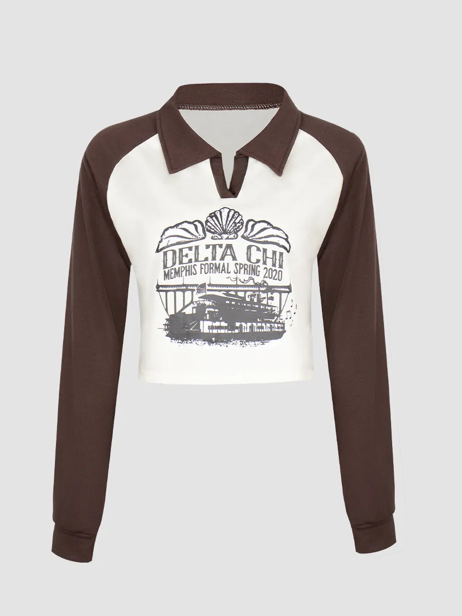 Polo Collar Printed Sweatshirt Top