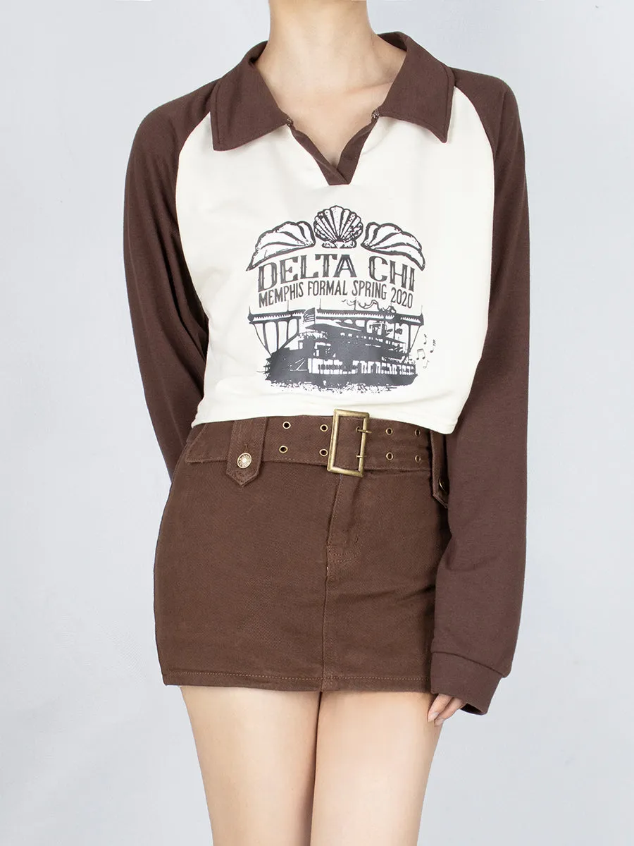 Polo Collar Printed Sweatshirt Top
