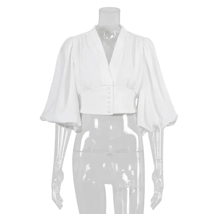 Puff Long Sleeve White Button Chiffon Blouse Crop Top