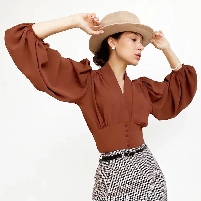 Puff Long Sleeve White Button Chiffon Blouse Crop Top