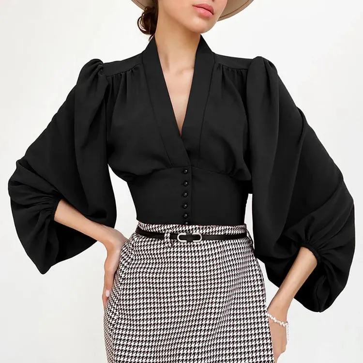 Puff Long Sleeve White Button Chiffon Blouse Crop Top