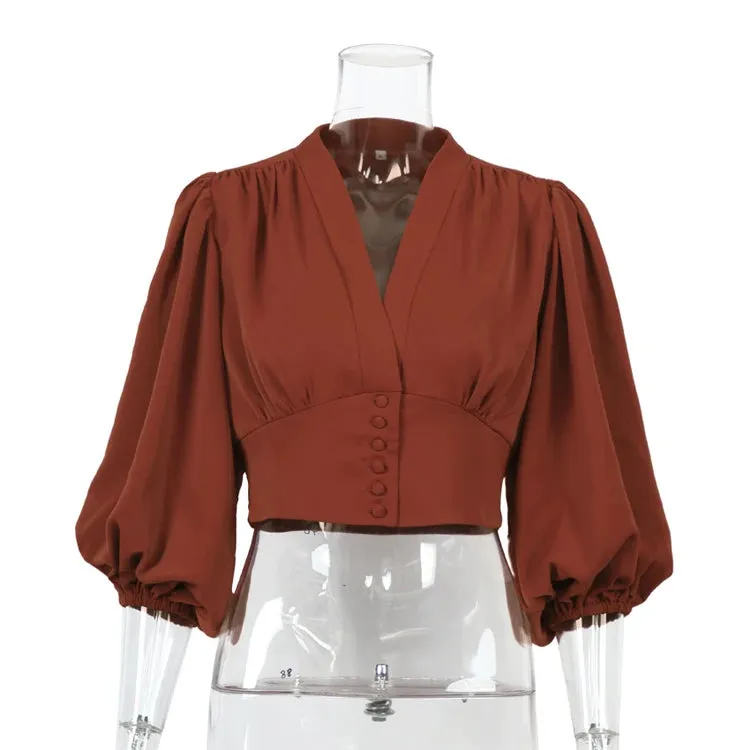 Puff Long Sleeve White Button Chiffon Blouse Crop Top